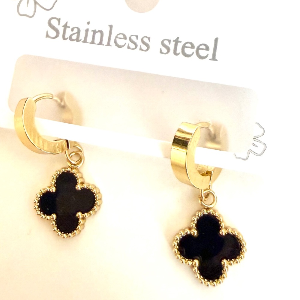 Huggie Black Four leaf Clover Earrings Gold Stainless Steel Drop Hoops Charm